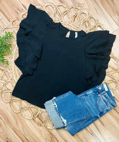 Black Ruffle Sleeve Top