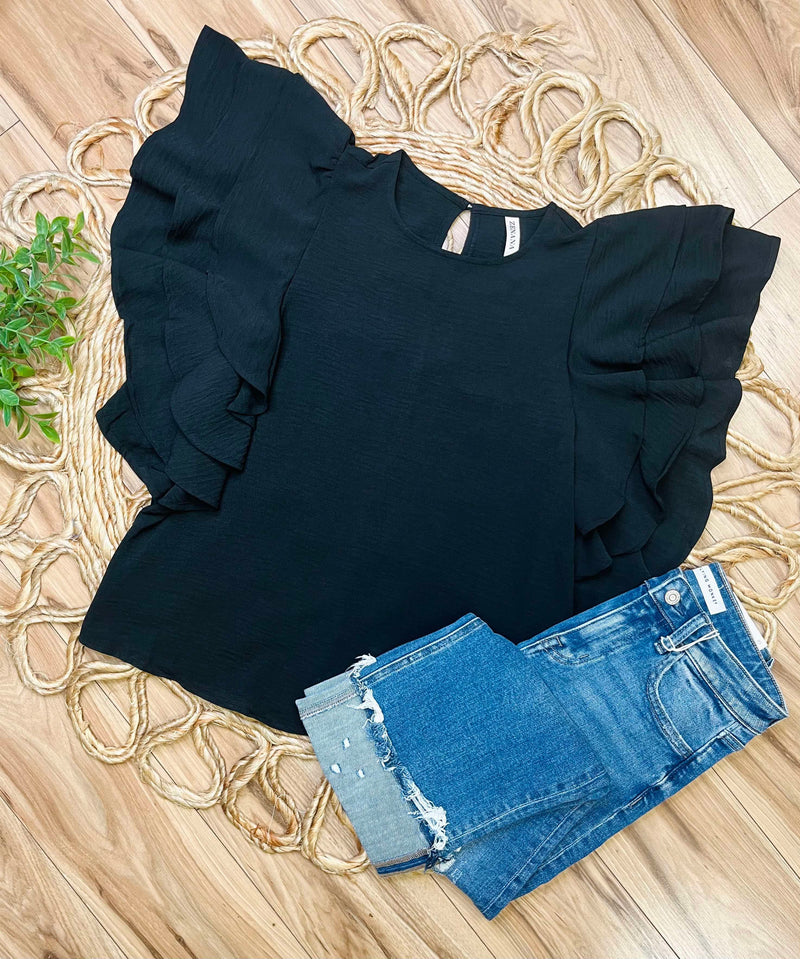 Black Ruffle Sleeve Top