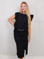 Black Smocked Ruffle Sleeve Top and Skirt Set by VOY Women's