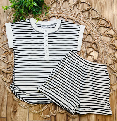 Black Stripe Button Top Short Set