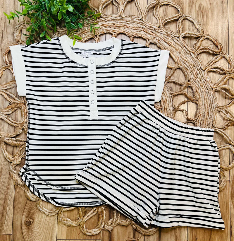 Black Stripe Button Top Short Set