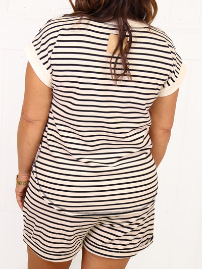 Black Stripe Button Top Short Set