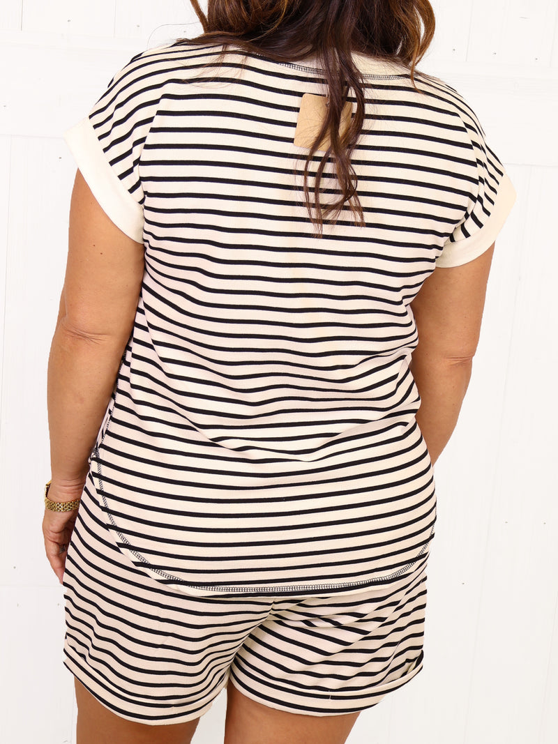 Black Stripe Button Top Short Set