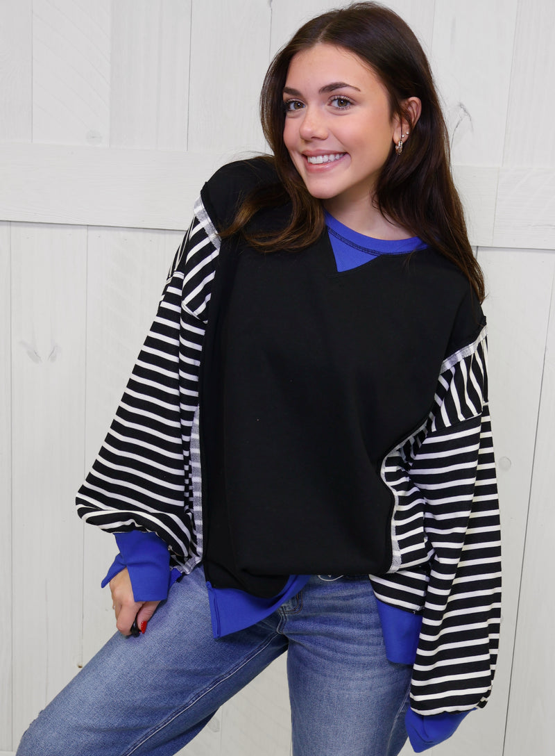 Black Stripe with Royal Accent  Pullover Top