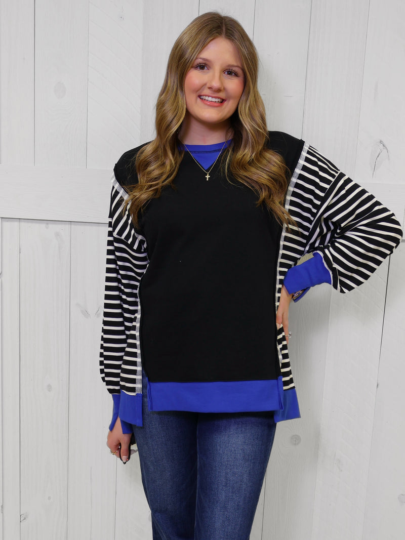Black Stripe with Royal Accent  Pullover Top