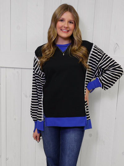 Black Stripe with Royal Accent  Pullover Top Sweater