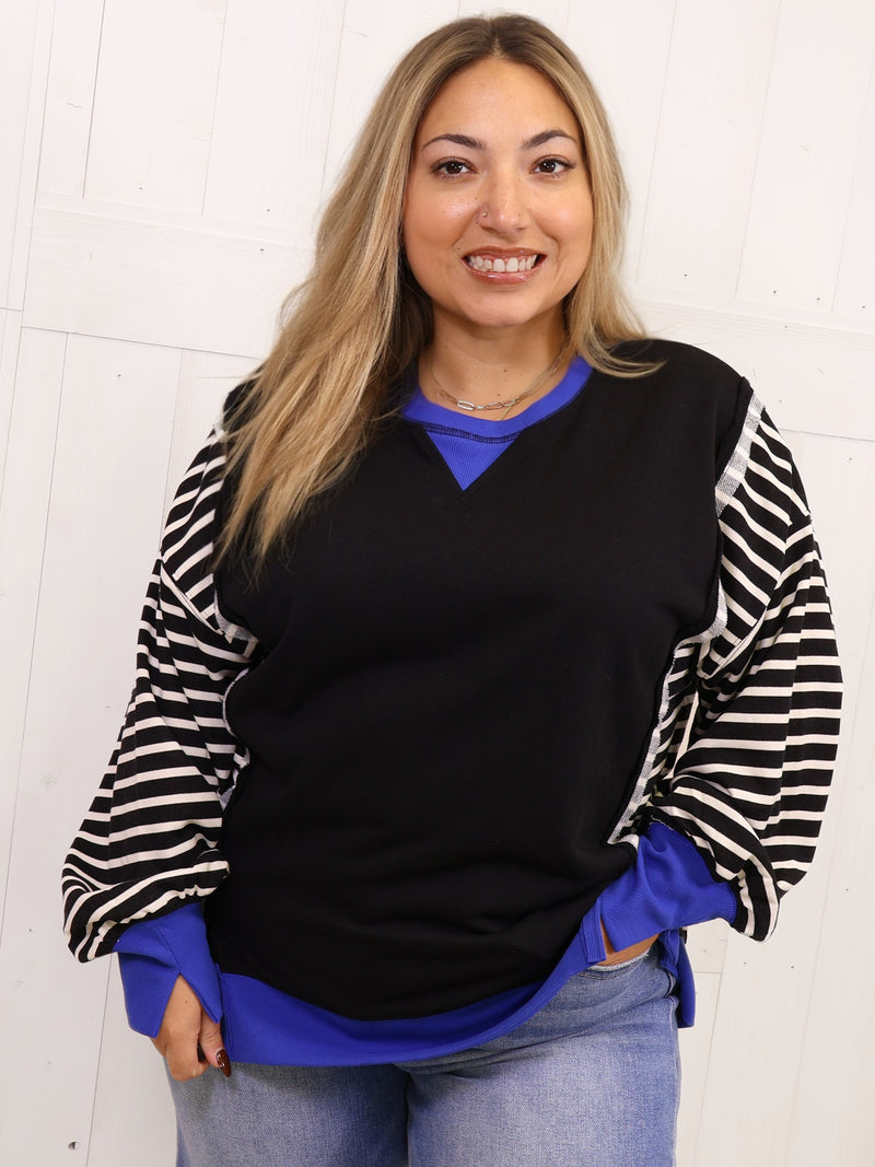 Black Stripe with Royal Accent  Pullover Top Sweater