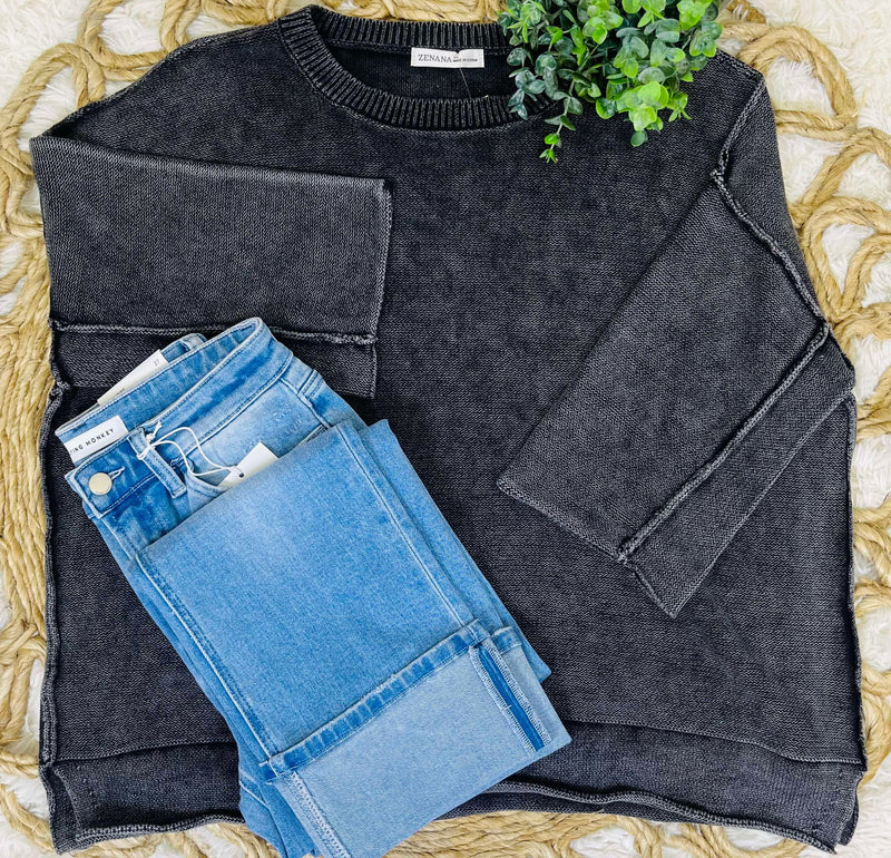 Black Washed 3/4 Sleeve Boxy Sweater
