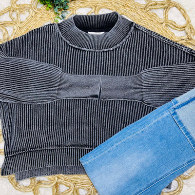 Black Washed Side Slit Oversized Cropped Sweater Pullover Top