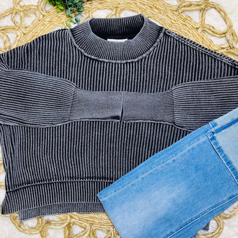 Black Washed Side Slit Oversized Cropped Sweater Pullover Top