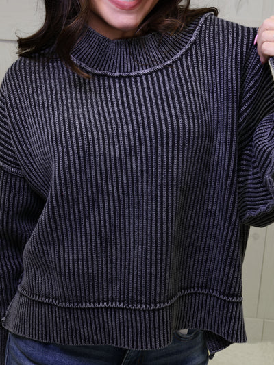 Black Washed Side Slit Oversized Cropped Sweater Pullover Top