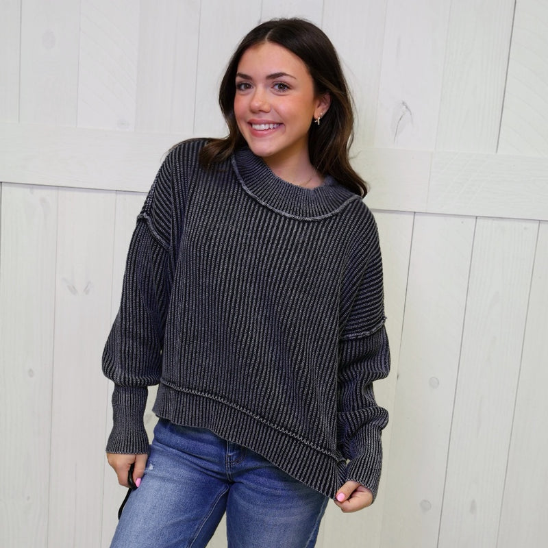 Black Washed Side Slit Oversized Cropped Sweater Pullover Top
