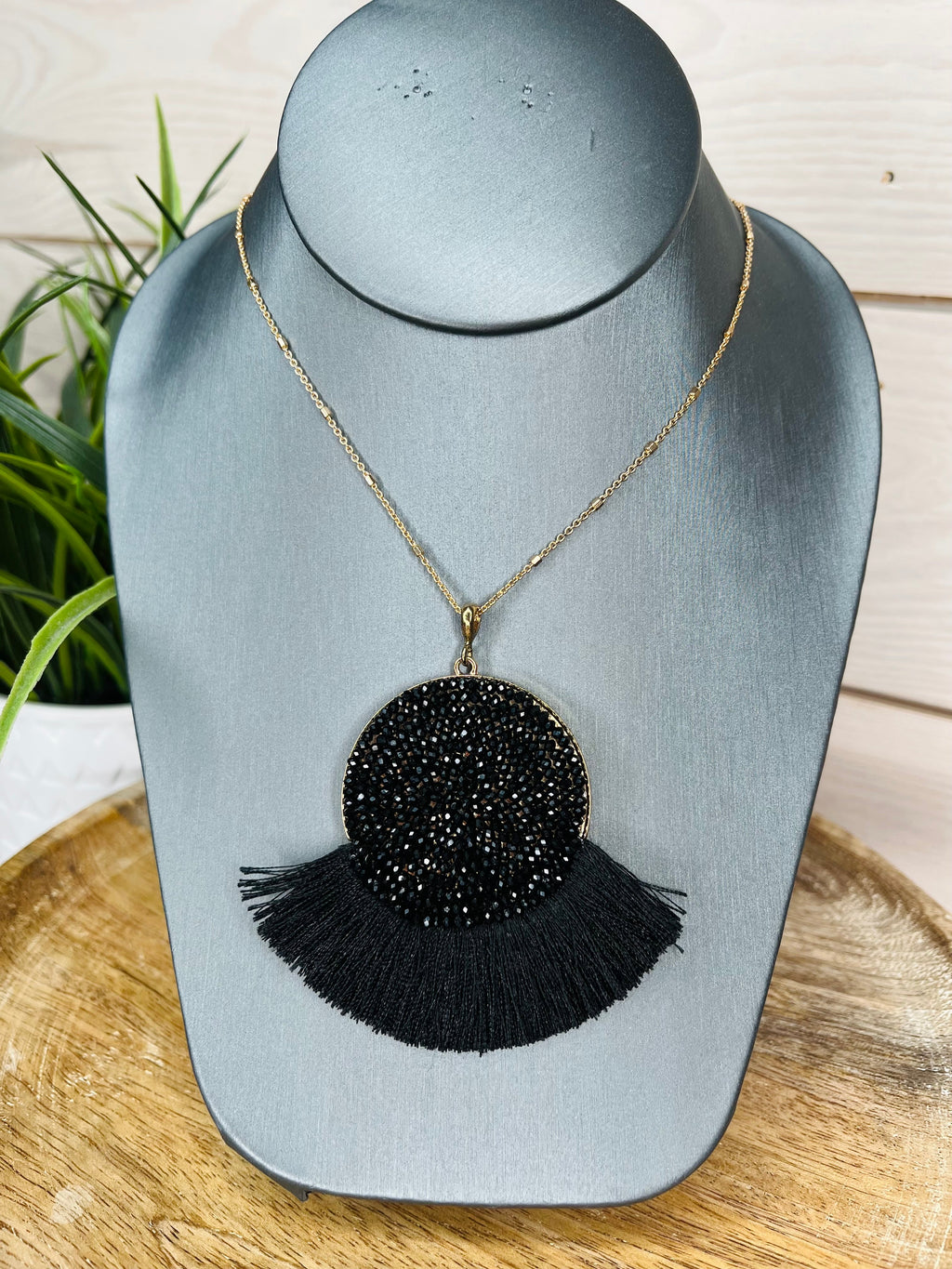 Black beaded and fringe necklace women's