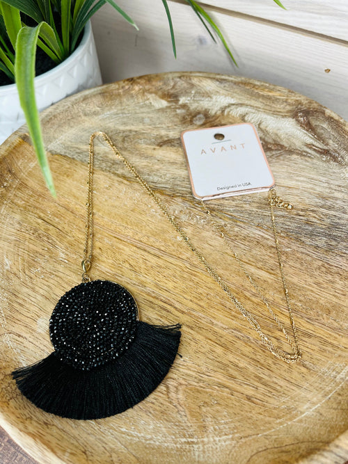 Black beaded and fringe necklace women's