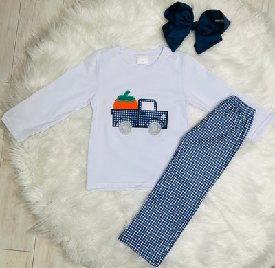 Blue Plaid Pumpkin Truck Set Girls