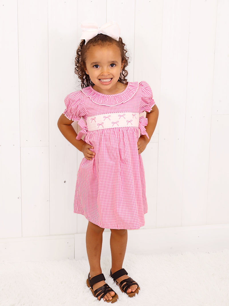 Bow Embroidered Plaid Dress Girls