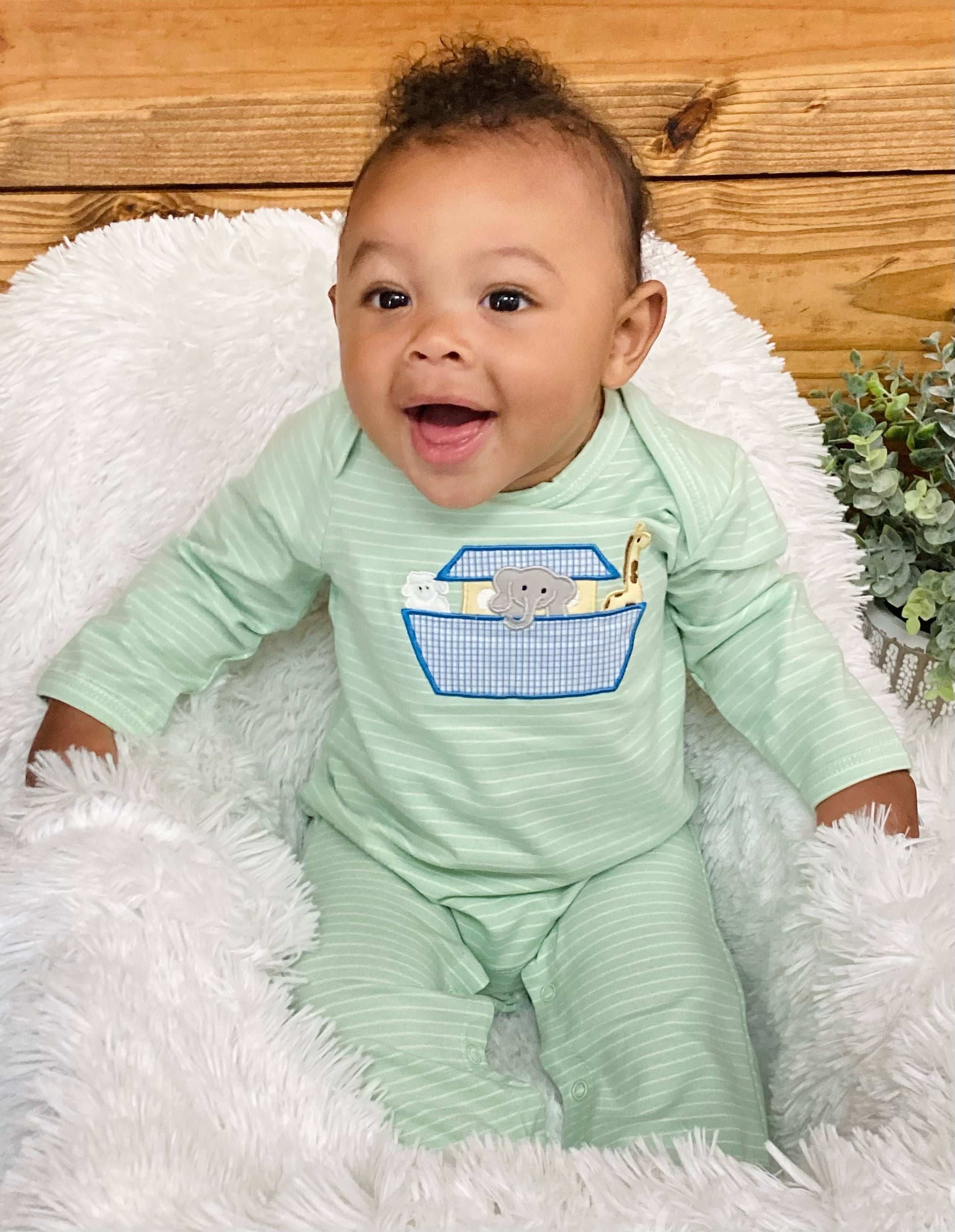 Boys Green Striped Noah's Arc Romper