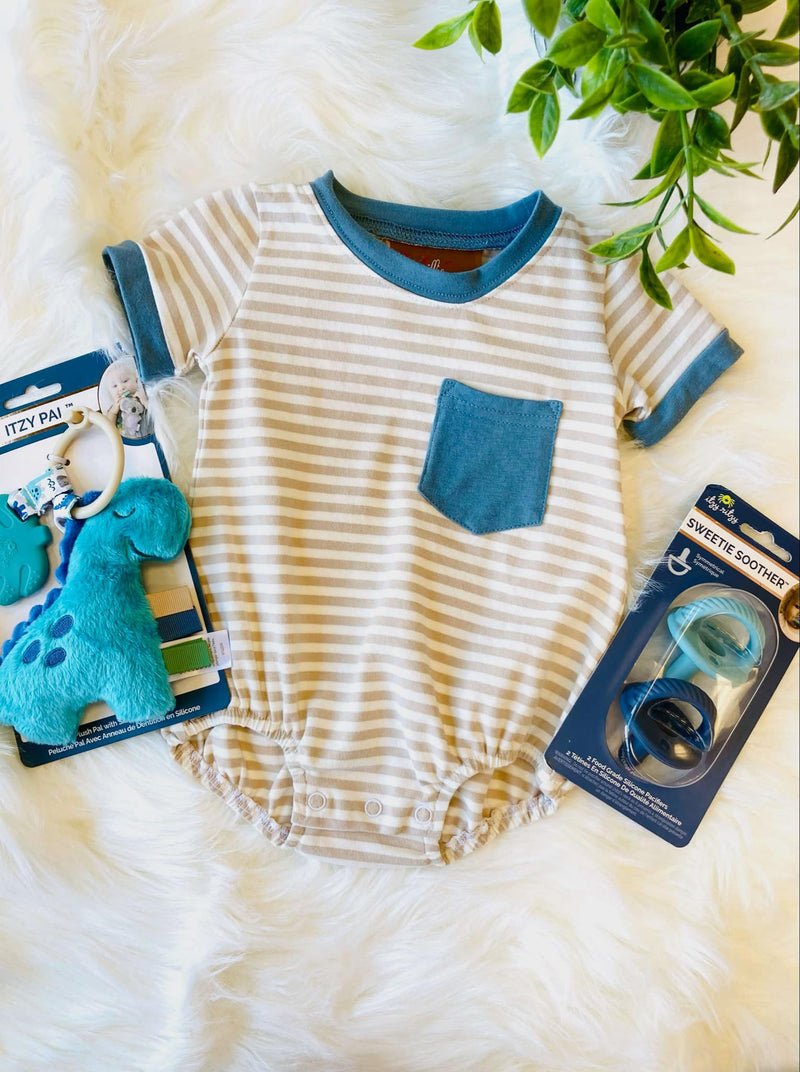 Boys Tan Striped With Blue PocketOnesie - Mini Mee Boutique