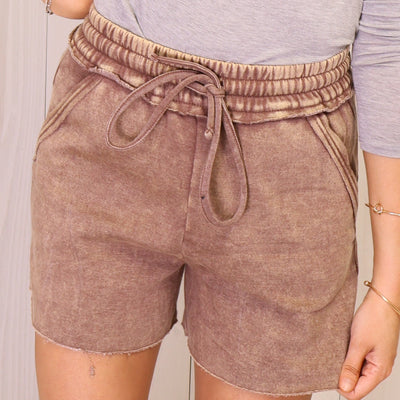 Brown Acid Wash Drawstring Shorts
