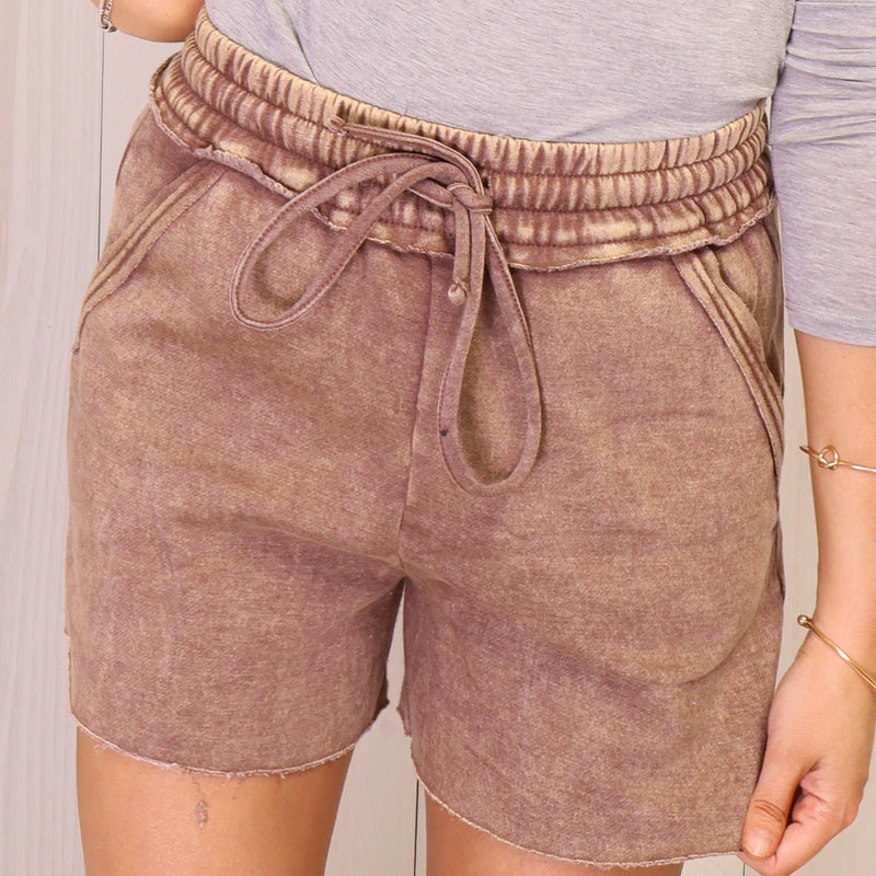Brown Acid Wash Drawstring Shorts