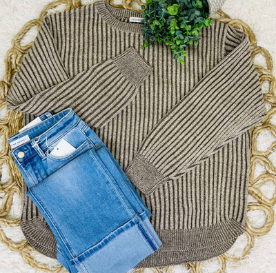 Brown Curved Hem 2 Tone Sweater Top Pullover