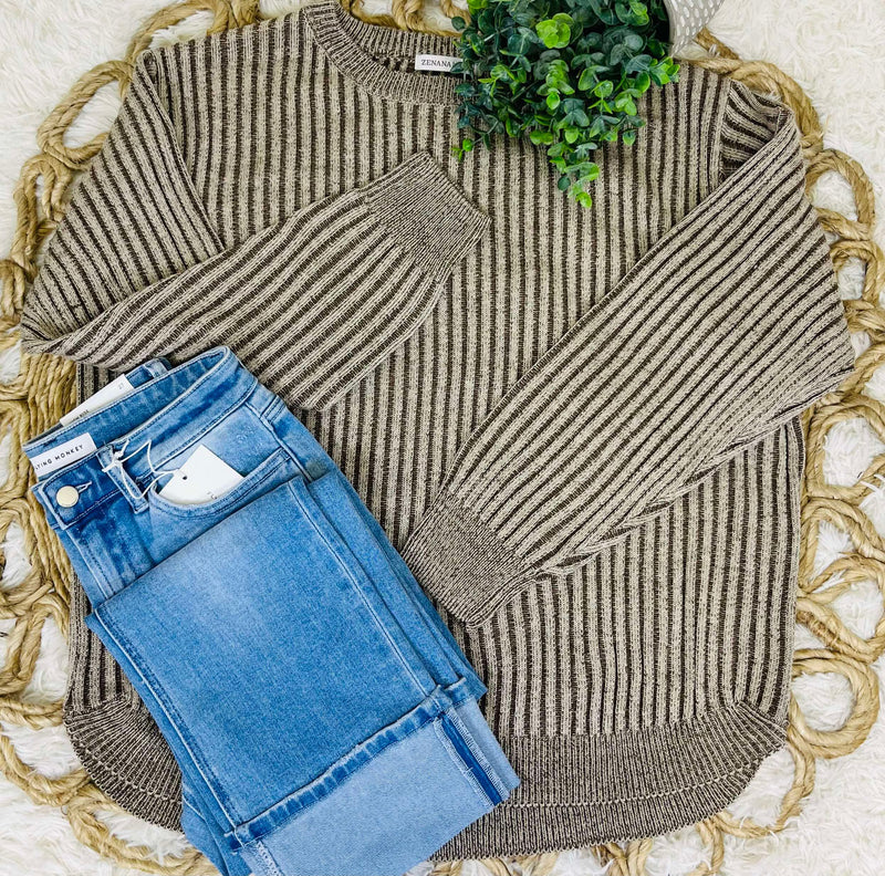 Brown Curved Hem 2 Tone Sweater Top Pullover