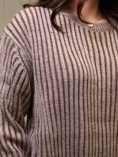 Brown Curved Hem 2 Tone Sweater Top Pullover