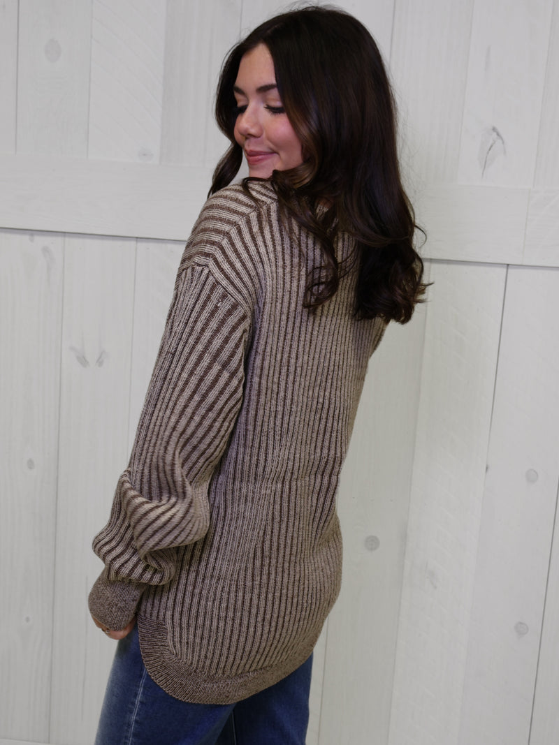 Brown Curved Hem 2 Tone Sweater Top Pullover