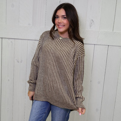 Brown Curved Hem 2 Tone Sweater Top Pullover