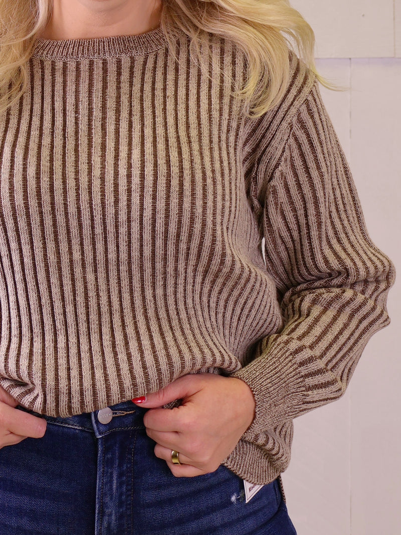 Brown Curved Hem 2 Tone Sweater Top Pullover