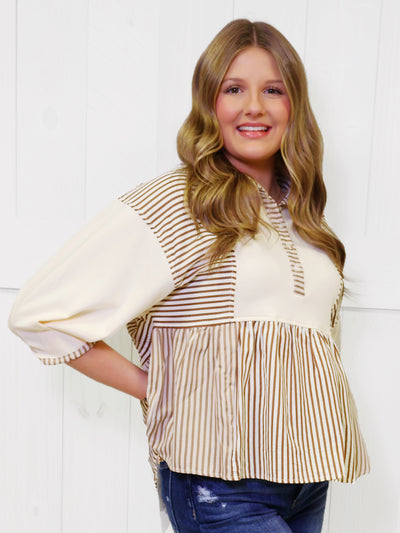 Brown Half Sleeve Mixed Stripe Top