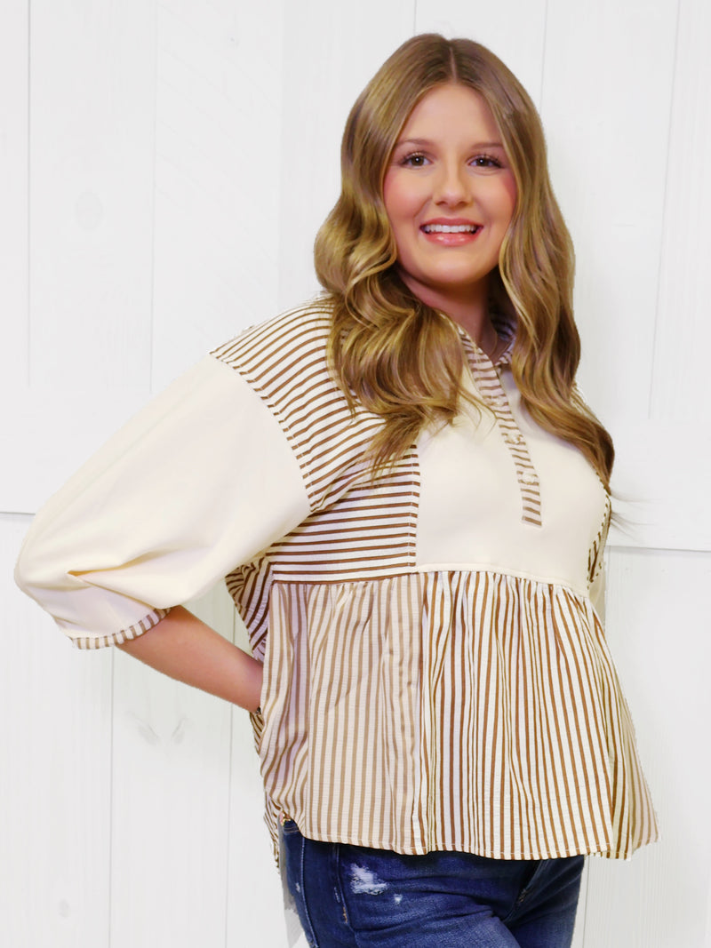 Brown Half Sleeve Mixed Stripe Top