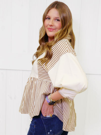 Brown Half Sleeve Mixed Stripe Top