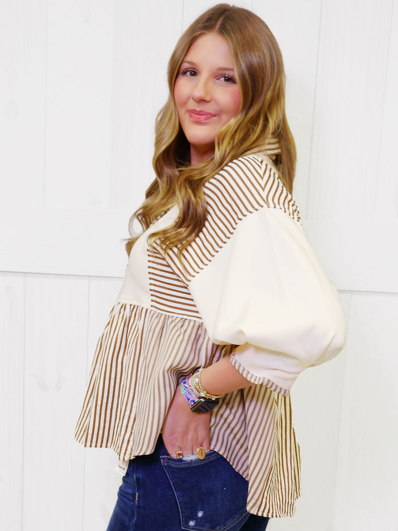 Brown Half Sleeve Mixed Stripe Top