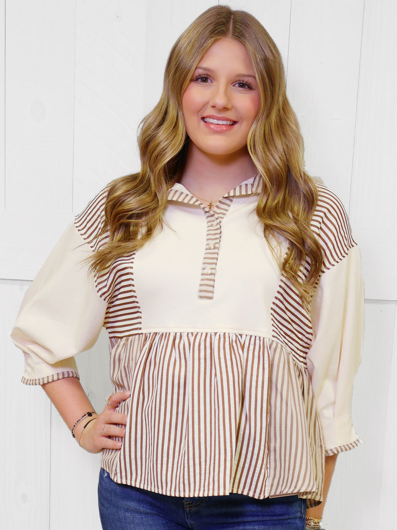 Brown Half Sleeve Mixed Stripe Top