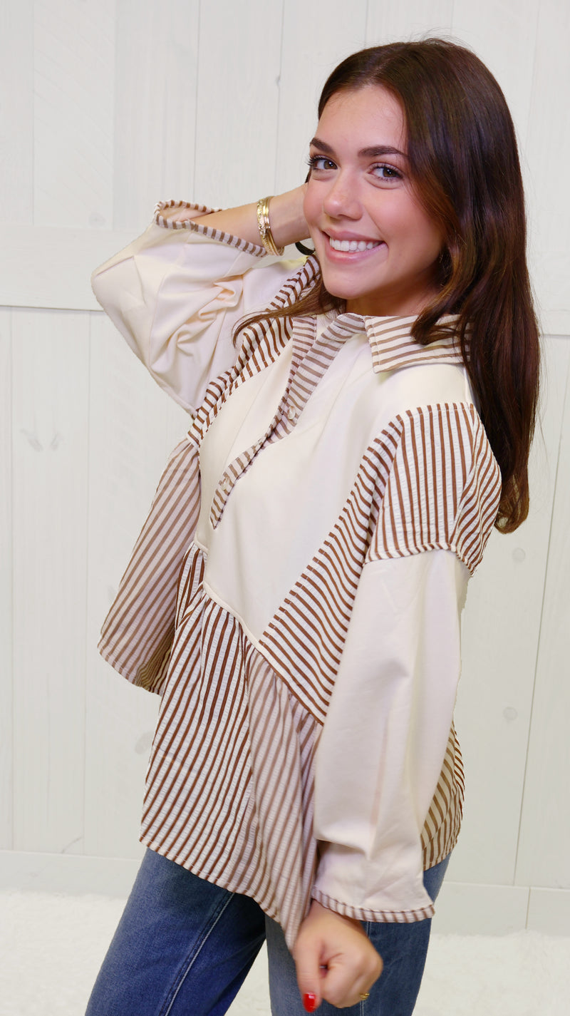 Brown Half Sleeve Mixed Stripe Top