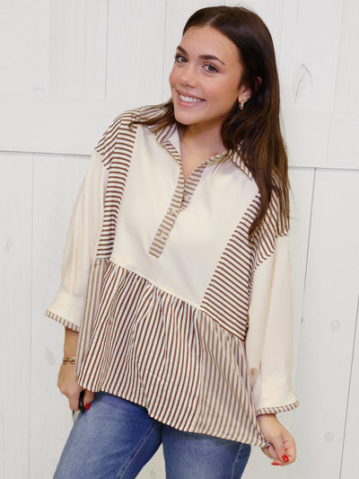 Brown Half Sleeve Mixed Stripe Top