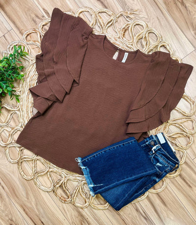 Brown Ruffle Sleeve Top