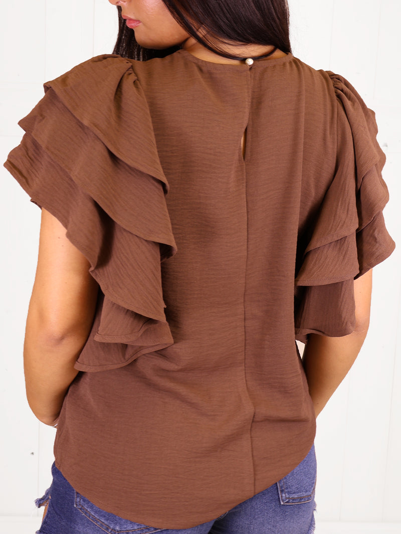 Brown Ruffle Sleeve Top