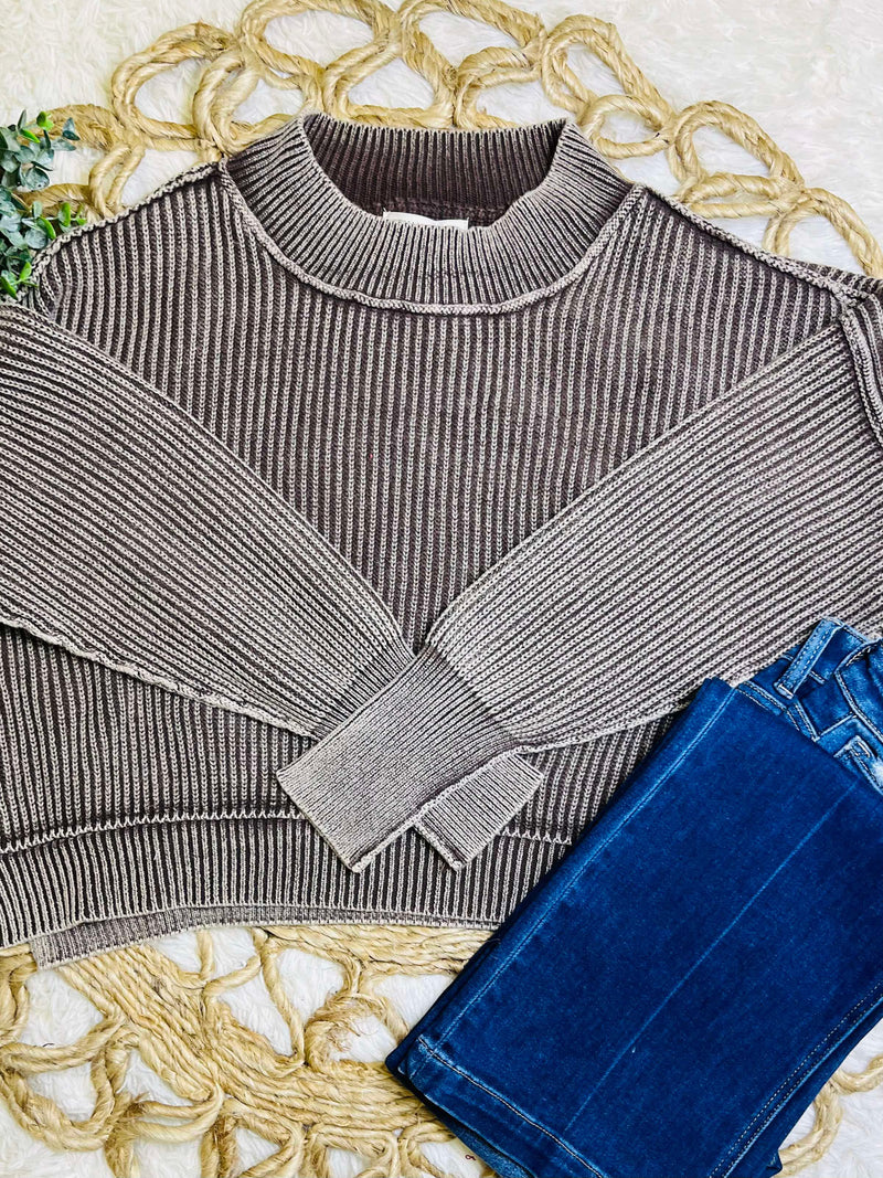 Brown Washed Side Slit Oversized Cropped Sweater Pullover Top