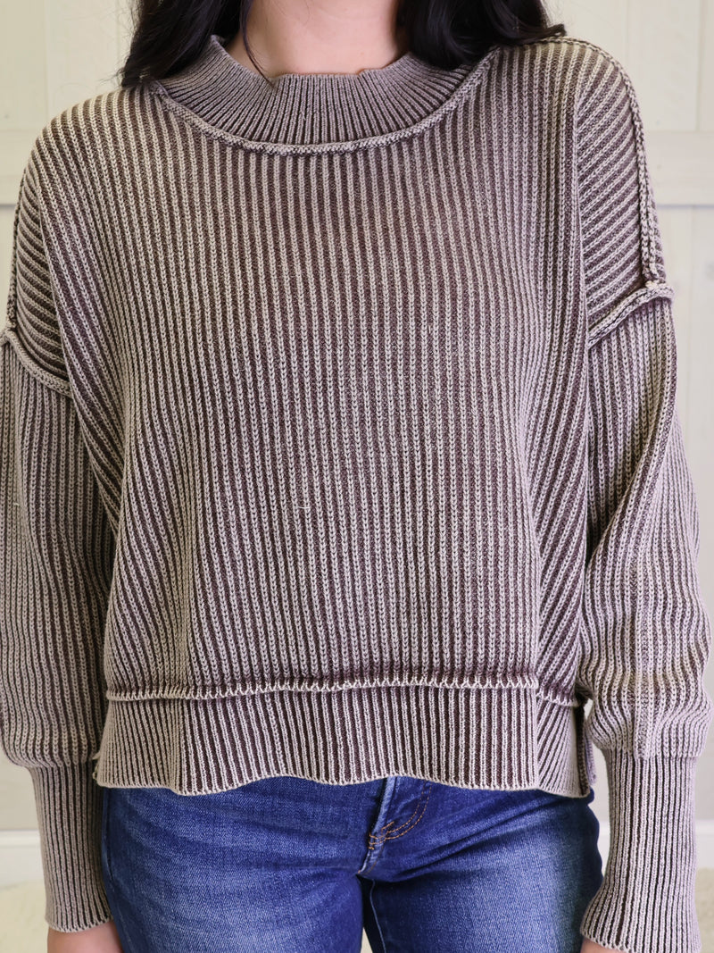 Brown Washed Side Slit Oversized Cropped Sweater Pullover Top