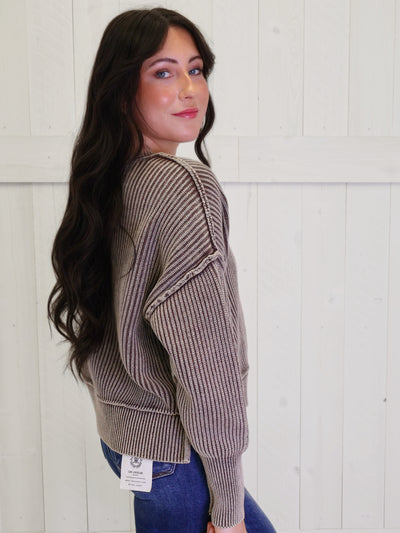 Brown Washed Side Slit Oversized Cropped Sweater Pullover Top