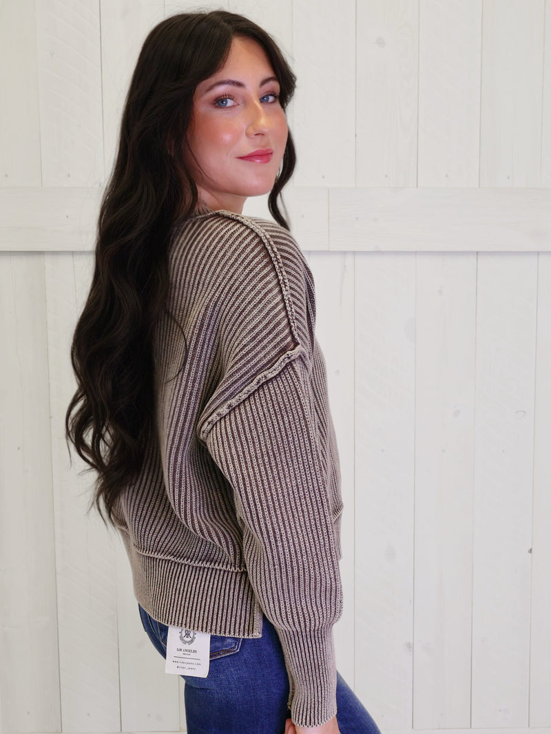 Brown Washed Side Slit Oversized Cropped Sweater Pullover Top