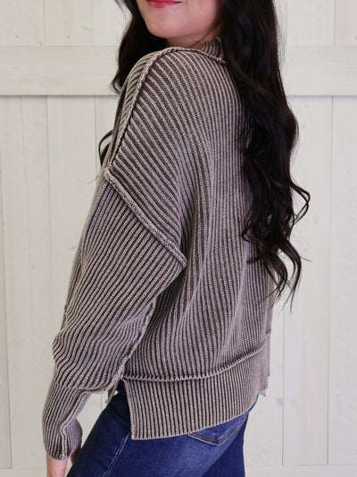 Brown Washed Side Slit Oversized Cropped Sweater Pullover Top