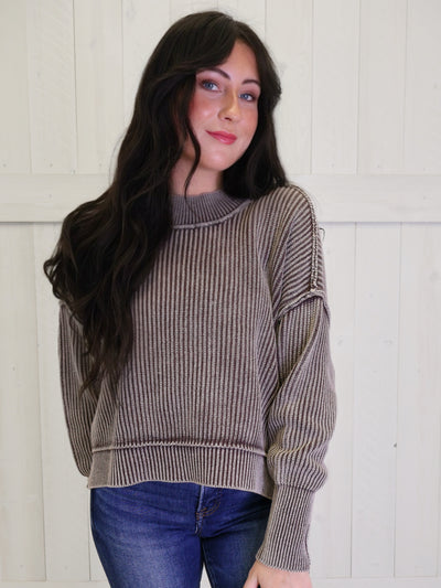 Brown Washed Side Slit Oversized Cropped Sweater Pullover Top