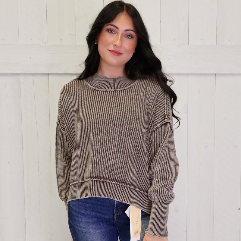 Brown Washed Side Slit Oversized Cropped Sweater Pullover Top