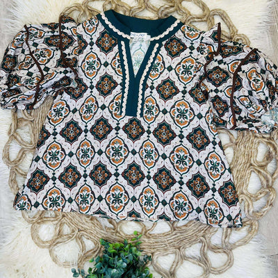 Contrast V Neck Mixed Print Top