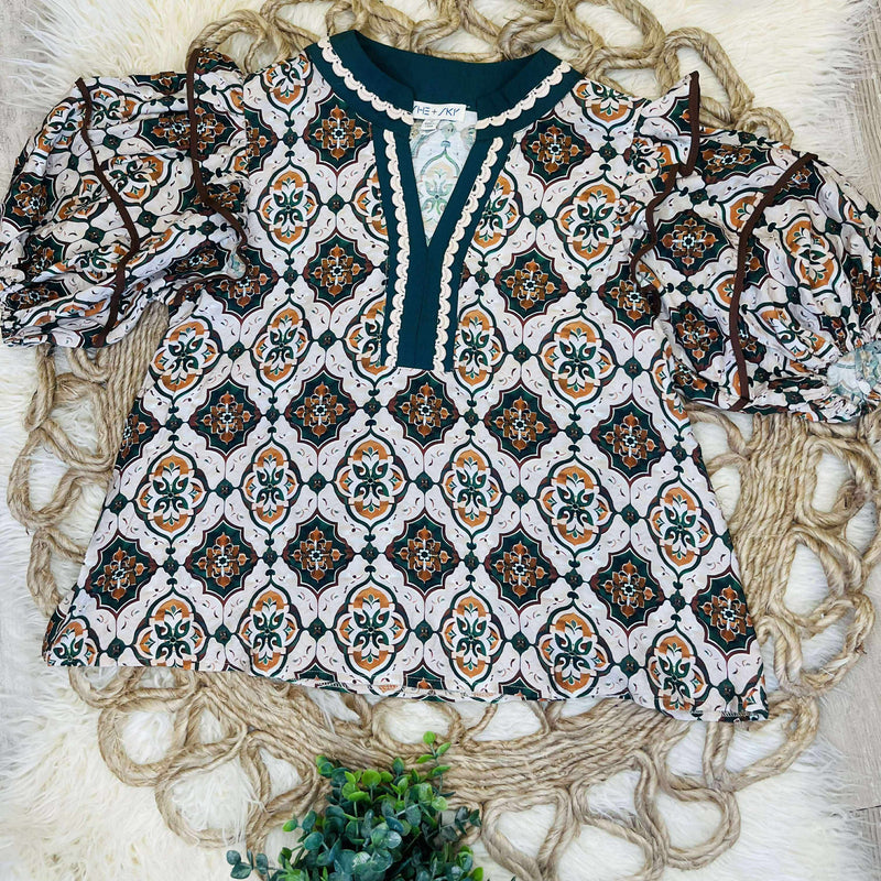 Contrast V Neck Mixed Print Top