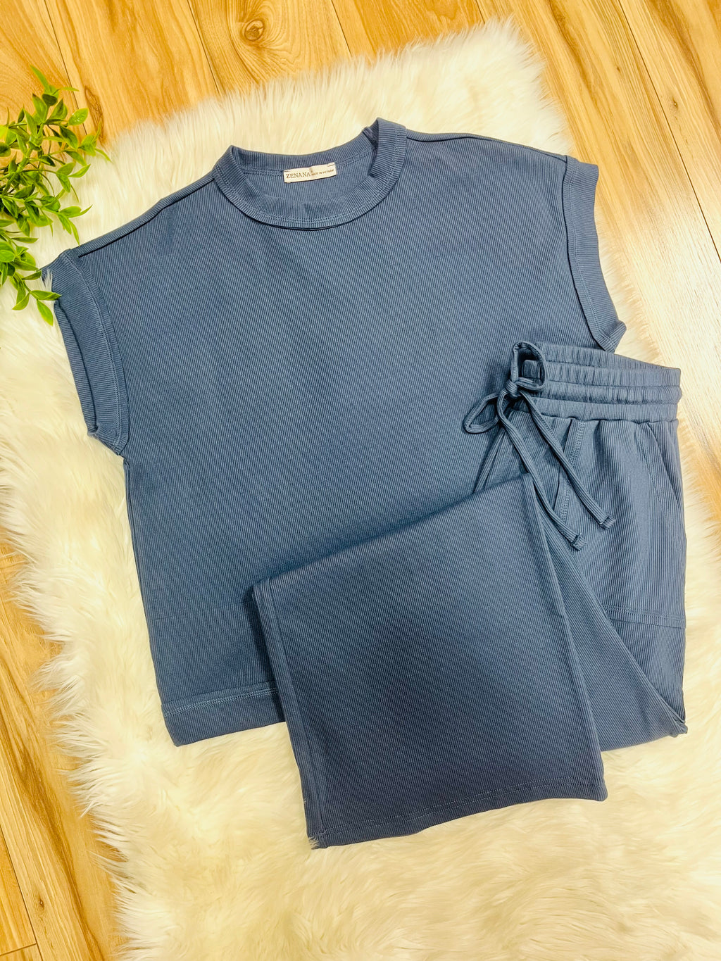 Women’s Zenana Dusty Blue Ribbed Cuff Sleeve Pant Set