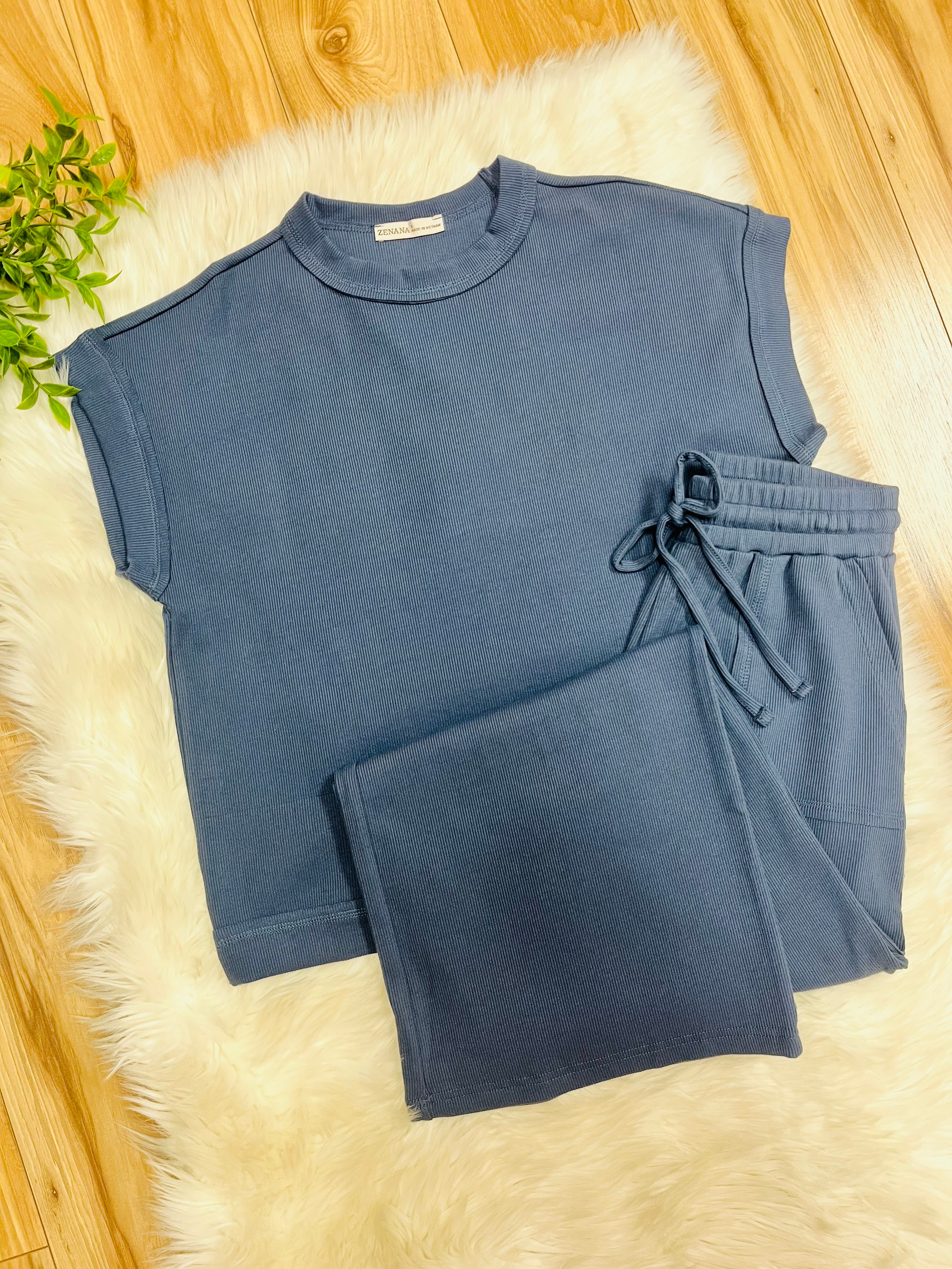 Women’s Zenana Dusty Blue Ribbed Cuff Sleeve Pant Set